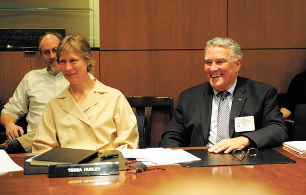 A happy Vince McGowan, right, recently retired from the Battery Park City Parks Conservancy. It was an emotional annoucement for him and the conservancy’s executive director, Tessa Huxley.  Downtown Express photo by Terese Loeb Kreuzer