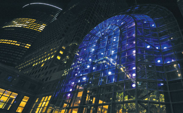 Battery Park City, Jan. 23, 2013 1 Obie-Award-winning theatrical lighting designer Anne Militello has orchestrated a changing display of jewel-like lights for the Winter Garden of the World Financial Center. The light show, commissioned by Arts Brookfield, is visible from sunset to midnight through March 30. Downtown Express photo by Terese Loeb Kreuzer