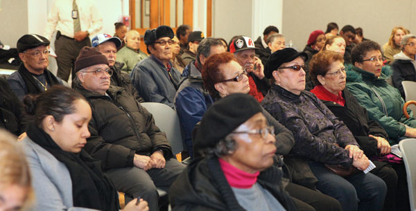 Baruch Houses informational meeting drew about 100 people on a snowy, slushy evening, March 18. Photo by Peter Mikoleski/NYCHA