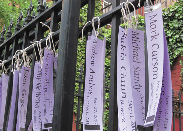 ‘Only light and love can drive out darkness and hate’ 6 Ribbons to recall hate’s victims In response to the recent spike in anti-gay attacks, St. John’s Lutheran Church on Christopher St. has put up lavender ribbons on its fence, with the names of some of the victims. A black bar at a ribbon’s bottom indicates a fatal attack. Photo by Lincoln Anderson