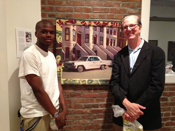 Just Do Art! 2 Photo by Sarah Hamblin Artist Robert Seyffert (right) and frame designer David “Mdot Beatz” Yearwood stand in front of Seyffert’s “White Chevrolet Sedan” (1995, Oil on Linen, 24 x 30 inches. Yearwood’s frame is from 2013). It’s part of “Urban Automobiles” — on view through June 16, at William Holman Gallery.