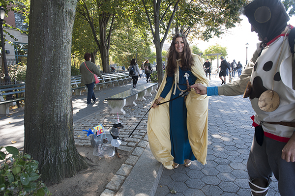 Halloween for dogs 5 Queen Guinevere, Sir Launcelot and a dog named Tina dressed in a costume that said "Prancelot," Downtown Express photo by Terese Loeb Kreuzer
