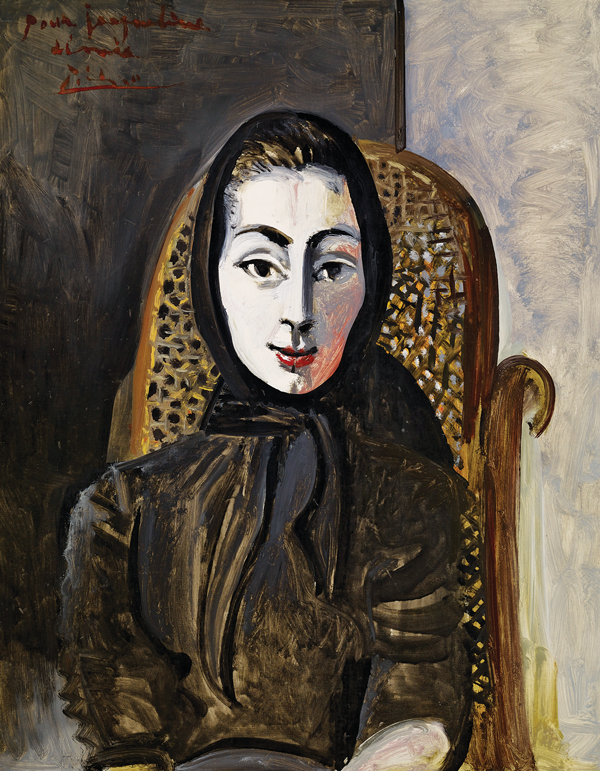 An exploration of Expressionism that points the way 2 Pablo Picasso (Spanish, 1881-1973) | Jacqueline avec une Écharpe Noire (Jacqueline with a Black Scarf) | Oct. 11, 1954 | Oil on canvas, 36 ¼ x 28 ¾ in. (92 x 73 cm) | Private Collection | Photograph by Claude Germain. ©2014 Estate of Picasso / Artists Rights Society (ARS), New York