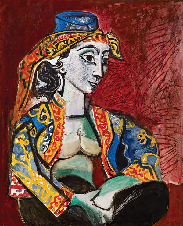 An exploration of Expressionism that points the way 3 Pablo Picasso (Spanish, 1881-1973) | Jacqueline en Costume Turc (Jacqueline in Turkish Dress) | Nov. 20, 1955 | Oil on canvas, 39 1/3 x 32 in. (100 x 81 cm) | Private Collection | Photograph by Claude Germain. ©2014 Estate of Picasso / Artists Rights Society (ARS), New York