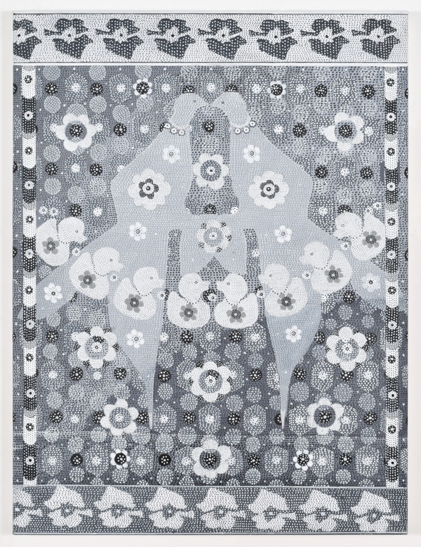 “Second Tapestry” (2015 / 48” x 36” / Acrylic, gesso, ink, pencil on canvas).  Courtesy Betty Cuningham Gallery
