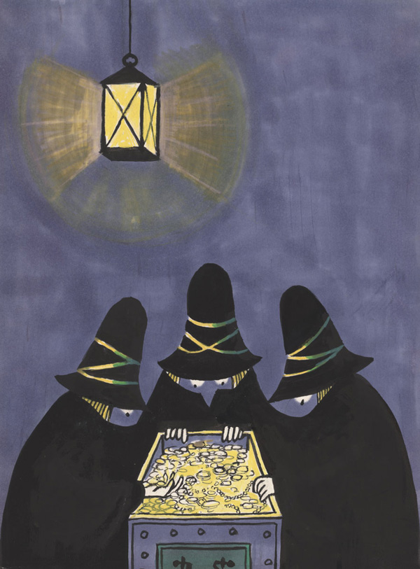 Buhmann on Art: Tomi Ungerer 1 Children’s Literature Research Collection, Free Library of Philadelphia A 1961 drawing for “The Three Robbers” (page 21, first pub. 1961 as “Die drei Räuber” by Georg Lentz Verlag, Munich | Colored pencil, gouache and watercolor on paper | 11 3/4 x 8 5/8 inches; 30 x 22 cm).