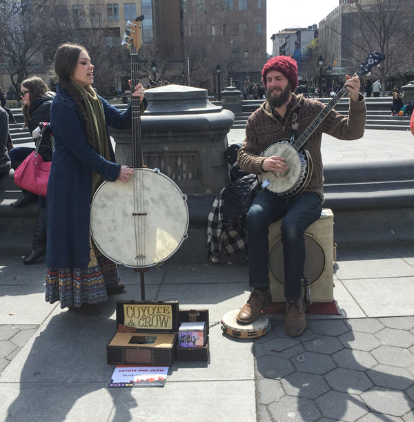 The crows and coyotes come home 1 Coyote & Crow — it wasn’t clear who was which, and it didn’t really matter — jammed in Washington Square Park over the weekend to help usher in spring. Photo by Tequila Minsky