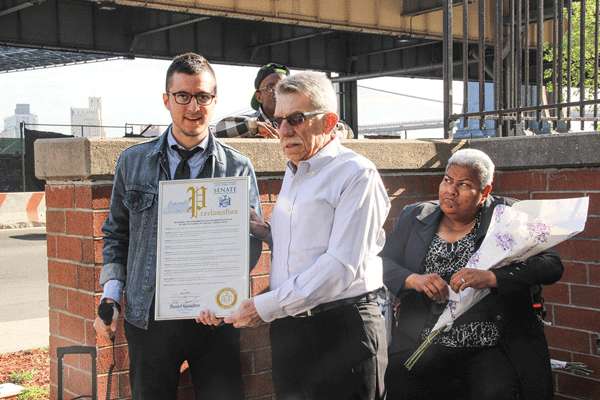L.E.S. leader Modica honored in street co-naming 2 Downtown Express photo by Tequila Minsky At the dedication of Frank T. Modica Way, Victor Papa, center, received a proclamation from state Senator Daniel Squadron’s representative, while Elaine Hoffman looked on.