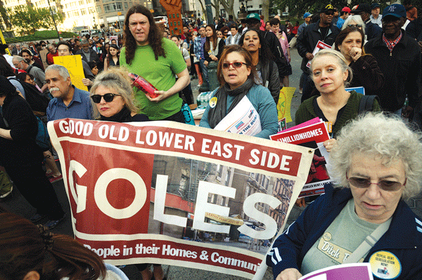 All marching to one tune: Rent freeze! 3 East Village artist Kelly King, who fought to save Jerry Delakas’s Astor Place newsstand, was marching for rent reform.