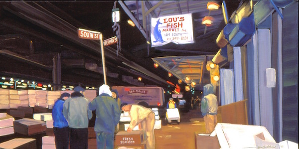 The soft glow of her Lower Manhattan 6 “Lou’s Fish Market” (2005 / 12x24"). Courtesy Ellen Bradshaw.