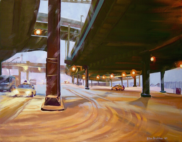 The soft glow of her Lower Manhattan 1 “South Street Snowstorm, Under the Viaduct” (2007 / 22x28"). Courtesy Ellen Bradshaw.