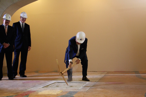 With a Pickaxe to Grand Central Floor, East Side Access Project Finally Breaks Through 1 Dr. Michael Horodniceanu breaks ground at Grand Central Terminal on the passage way to the new LIRR station being constructed below. | YANNIC RACK