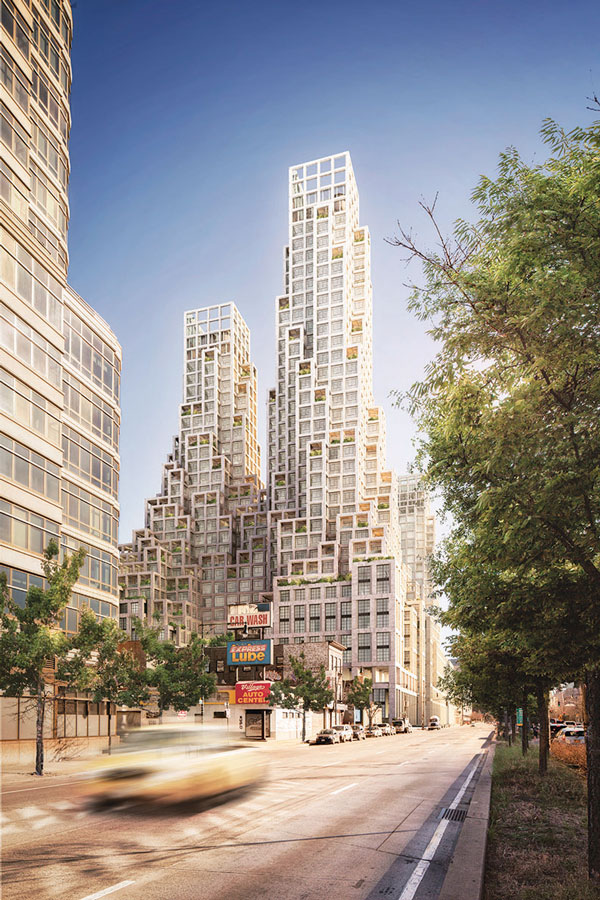 A rendering of the north towers in the St. John’s Partners plan, viewed from the north. At 430 feet tall, this would be the development’s highest point. Image courtesy COOKFOX