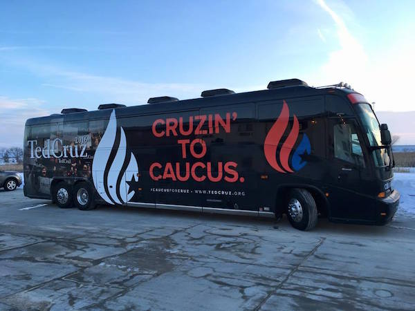 Stump Speech: The Iowa caucus fracas edition 2 Ted Cruz surreptitiously reaches out to Iowa’s gay voters, through a secret coded message scrawled across his campaign bus. Photo source: Ted Cruz/Facebook.