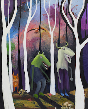 Mr. Peeps, home at Mike Weiss Gallery 2 “A Walk in the Forest” (2015). Oil on canvas, 62 x 50 in. (157.5 x 127 cm). Courtesy Mike Weiss Gallery.