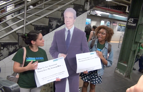 Transit Advocates Alarmed by Cuomo Budget’s Language on MTA Capital Pledge 1 The Riders Alliance took “Cardboard Cuomo” to Grand Central Terminal on February 3 to bring attention to their concerns with the governor’s preliminary 2016-2017 budget. | RIDERSNY.ORG
