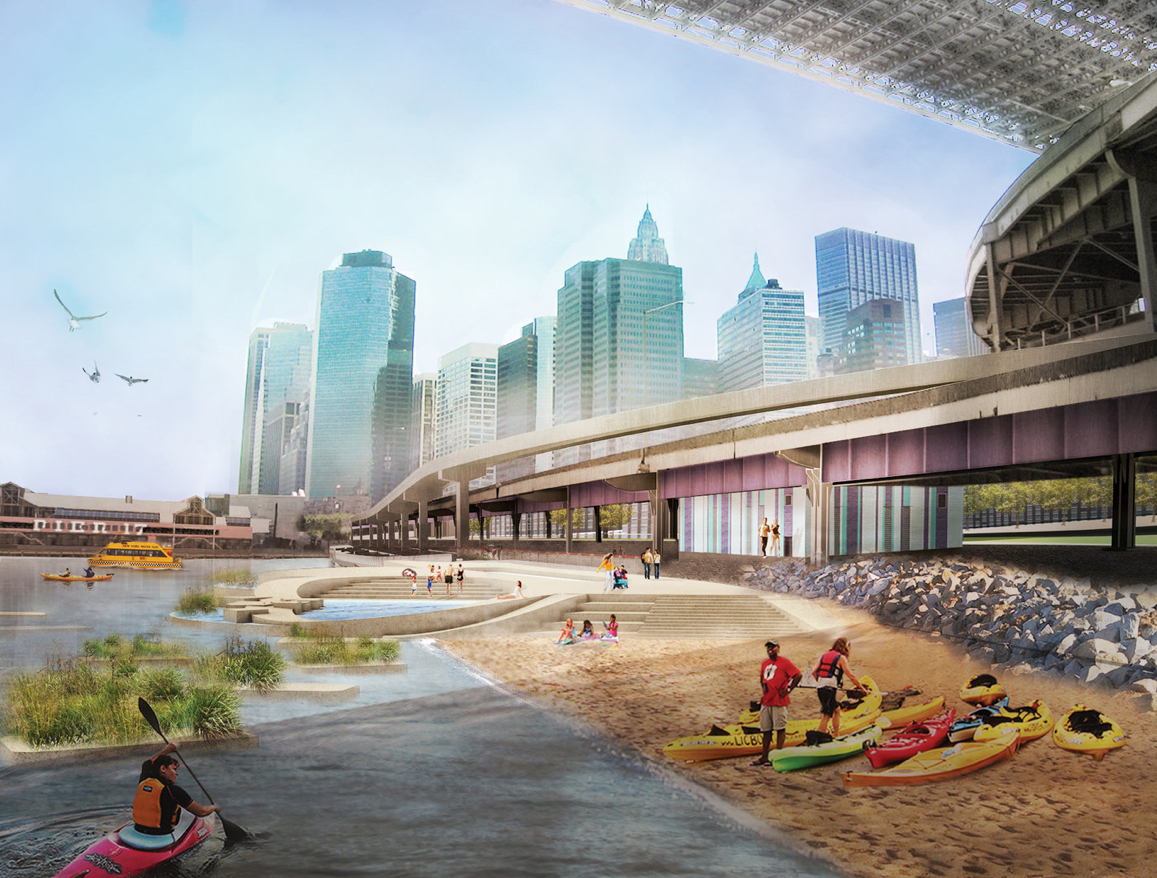 Beach blanket bingo! New cash turns up heat on EDC to open Brooklyn Bridge Beach up to the public 2 Rendering by WXYStudio This is how the 2013 East River Blueway project envisioned a public Brooklyn Bridge Beach.