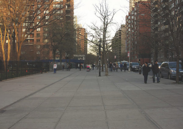 Block-Long Sidewalk Plaza Proposal Divides West 97th Street Neighbors 2 The north side of West 97th Street between Columbus and Amsterdam Avenues as it currently looks, with an unusually deep sidewalk measuring 50 feet. | FRIENDS OF STRYKER PARK