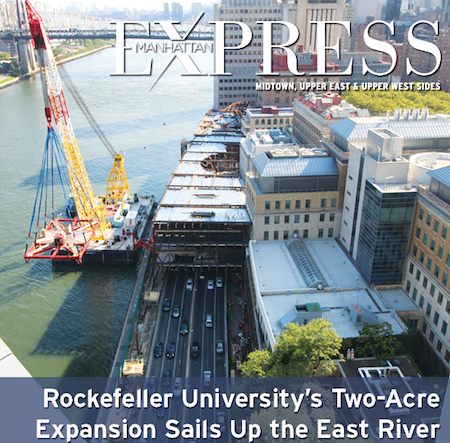 Rockefeller University’s Two-Acre Expansion Sails Up the East River 1 Rockefeller University is monitoring progress on its two-acre expansion with photos, snapped every 10 minutes from a vantage point north of the campus, that show the modules, currently capped in light blue, that sit over the FDR Drive and will be the structural base for the campus expansion. | COURTESY: ROCKEFELLER UNIVERSITY