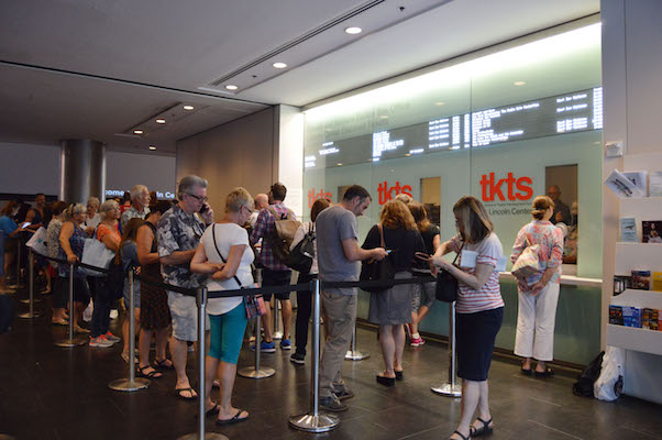 TKTS Experiments With New Lincoln Center Venue 1 Budget theatergoers queued up for bargains on the first day of a TKTS experiment at Lincoln Center. | JACKSON CHEN