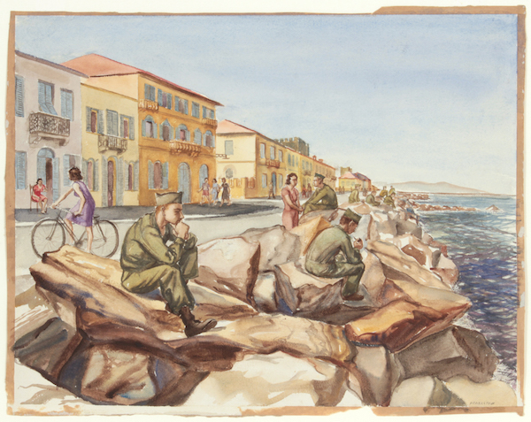 Philip Pearlstein Draws Upon Life as a Young Soldier 1 Philip Pearlstein: “G.I.’s at Marina di Pisa Breakwater” (1944-46. Watercolor on paper. 14 x 18 in.). Courtesy Betty Cuningham Gallery.