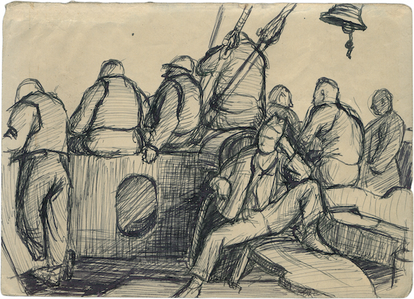 Philip Pearlstein Draws Upon Life as a Young Soldier 2 Philip Pearlstein: “Convoy to Italy XI” (1944. Pen and ink on paper. 4 13/16 x 6 5/8 in.). Courtesy Betty Cuningham Gallery.