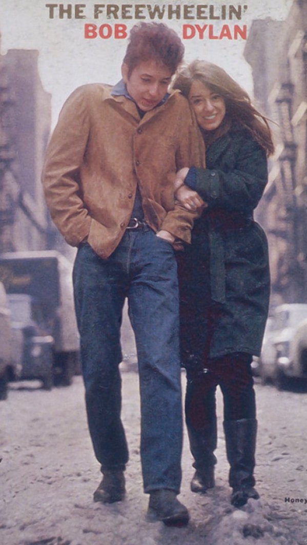 ‘Freewheelin’ first love Suze had opened the book 2 Part of the image from the famous 1963 Bob Dylan album cover, featuring the singer and Suze Rotolo, walking at Jones and W. Fourth St. near where they lived. Photo by Don Hunstein