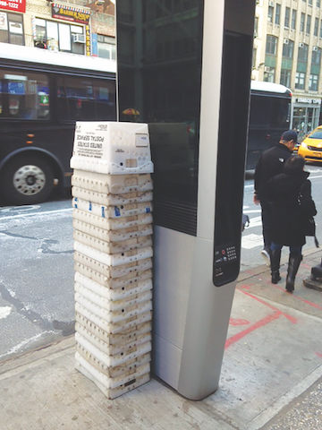 LinkNYC Web Browsing Flap Pits Quality of Life Against Persistent Digital Divide 3 John A. Mudd of the Midtown South Community Council said the corner of West 40th Street and Eighth Avenue was “the hottest spot” for abuse of LinkNYC kiosks, with Postal Service crates used as chairs by people monopolizing the web browsers that are now disabled. | JOHN A. MUDD