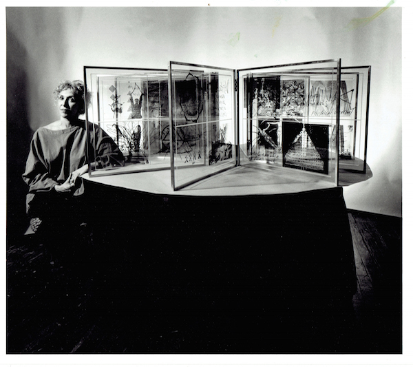 From Exhibit A: Carolee Schneemann with “Venus Vectors” (1985). Photo by Victoria Vesna, copyright C. Schneemann, courtesy Galerie Lelong & P•P•O•W.