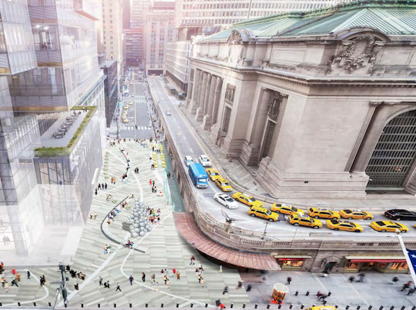 Agencies Offer Peek at Midtown East Transit Improvements 1 A Department of Transportation rendering of a pedestrian plaza between Grand Central Terminal and the One Vanderbilt project currently under construction on East 42nd Street. | NYC DOT