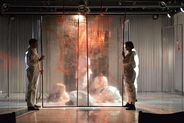 Clear plastic panels keep the free-flowing hemoglobin from heaping itself onto nearby audience members. Photo courtesy TBPG.