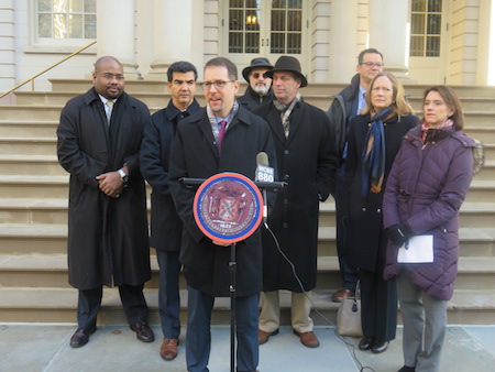 Local Pols Push West Side Ferry Service –– So Far, With Little Luck 1 City Councilmembers Mark Levine (at podium) and Ydanis Rodriguez (to Levine’s left facing photo) at a January 6 City Hall press conference renewing their call for a north-south West Side ferry service route. | COURTESY: OFFICE OF COUNCILMEMBER MARK LEVINE