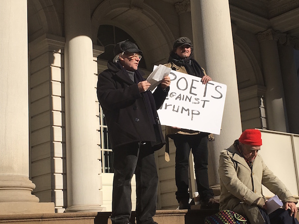 Wielding words, poets refuse to yield to Trump 4 Jim Feast, a co-founder of the Unbearables, read “Trump Regnant.” Photo by Michael Cincotta.