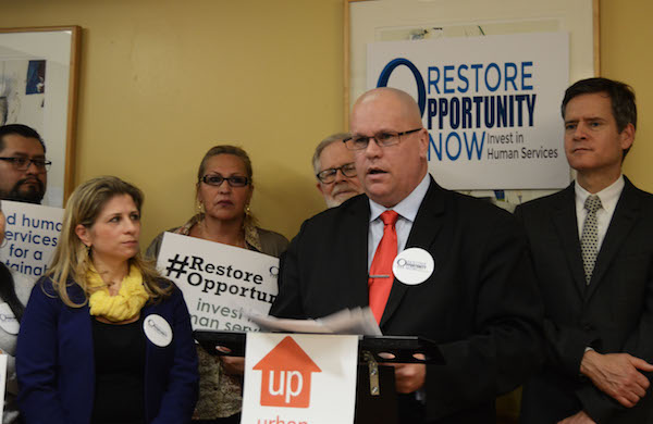 Non-Profit Funding Scramble Shifts from City Hall to Albany 2 Urban Pathways’ Scott McDonald speaks, with the Human Services Council’s Allison Sesso, Assemblymember Richard Gottfried, and State Senator Brad Hoylman looking on. | JACKSON CHEN