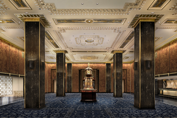 Deco Details: First Peek at Waldorf Restorations 3 A lobby rendering. | SKIDMORE, OWINGS & MERRILL LLP RENDERING BY METHANOIA INC.