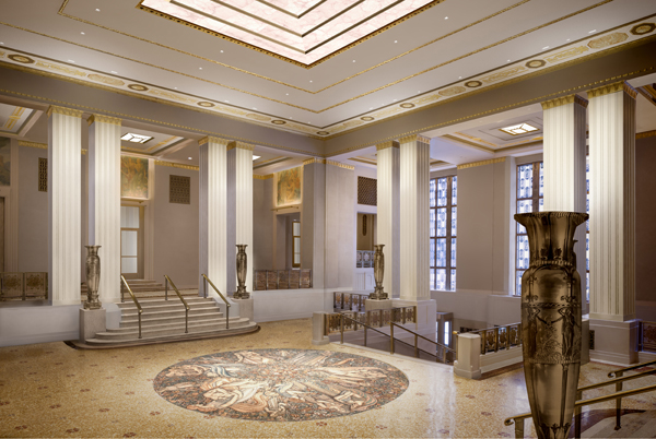 Deco Details: First Peek at Waldorf Restorations 1 A rendering of the Park Avenue foyer at the Waldorf. SKIDMORE, OWINGS & MERRILL LLP RENDERING BY METHANOIA INC.