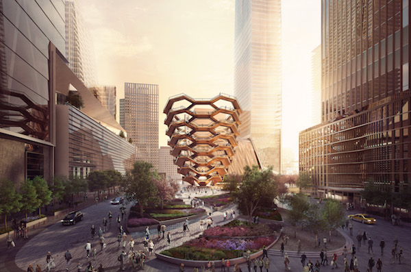 Arriving by Sea, Vessel Takes Shape on Land 1 Vessel grabs center stage in this rendering of the Hudson Yards Public Square and Gardens viewed looking south from West 33rd Street. | FORBES MASSIE-HEATHERWICK STUDIO