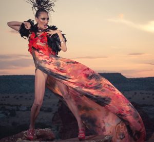 Fashion goes Native (American) 3 Photo by Unék Francis Navajo designer Orlando Dugi’s “Desert Heat” collection includes this ensemble of cape, dress, and headdress fashioned from silk, organza, beads, feathers, and porcupine quills.