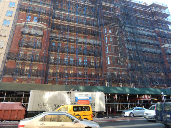 Hotel Chelsea work drags on, as long-term tenants hold on 1 The Hotel Chelsea's exterior today continues to be covered in scaffolding, eight years after the start of a renovation project