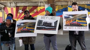 Picture the Homeless calls on the city to reopen the comfort station on East 125th Street near Park Avenue on Tuesday.
