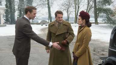 Alexander Skarsgård, left, Jason Clarke and Keira Knightley in "The Aftermath."