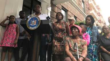 Sen. Zellnor Myrie discusses power outage issues in Prospect Lefferts Gardens on Tuesday.