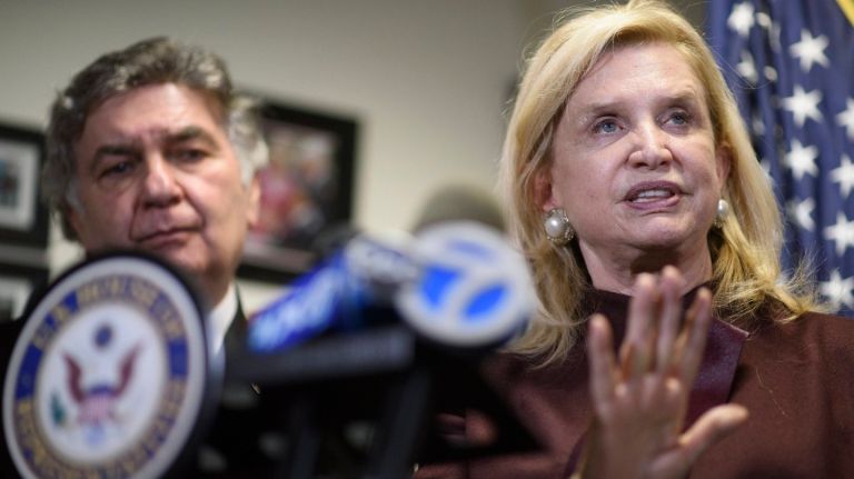 The federal government should protect Jewish cemeteries from anti-Semitic vandalism, Rep. Carolyn Maloney said on March 6, 2017. Above, Maloney, right, New York Board of Rabbis Executive Vice President Joseph Potasnik, left, and others, hold a news conference to condemn the recent wave of anti-Semitic sentiment and actions.