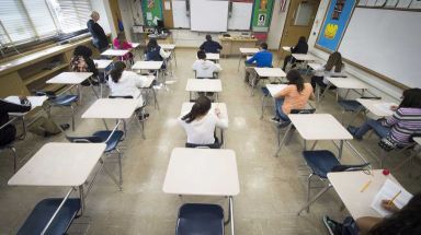 Many desks inside this classroom at Valley Stream Memorial Junior High School were empty on Thursday, April 16, 2015 as students opted out of the state