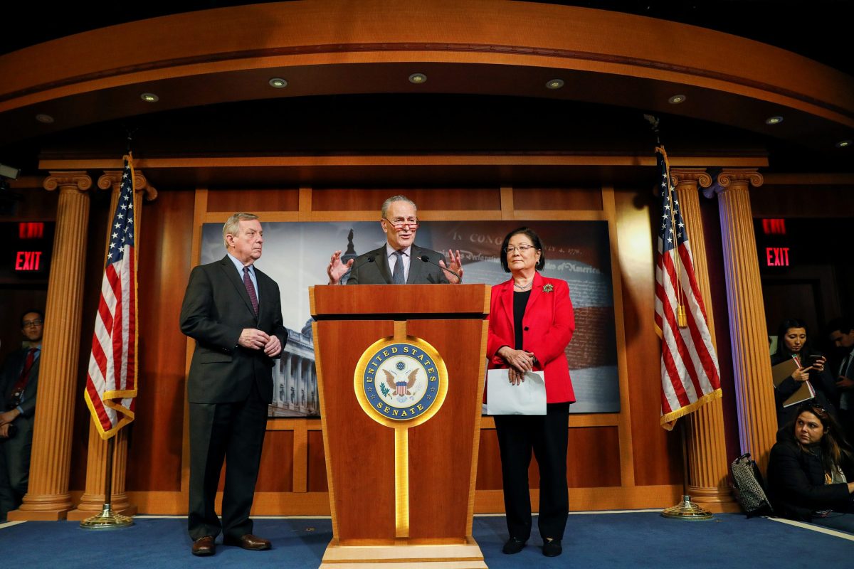 Senate Democrats hold news conference as Trump impeachment trial resumes on Capitol Hill in Washington