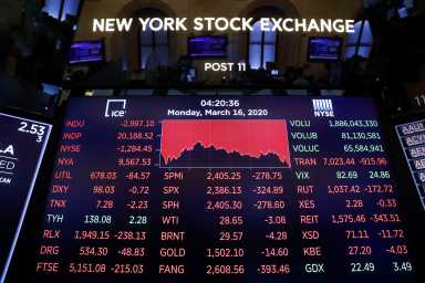 Traders work on the floor of the New York Stock Exchange shortly as coronavirus disease (COVID-19) cases in the city of New York rise