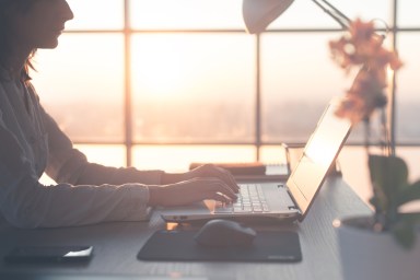 Adult businesswoman working at home using computer, studying business ideas