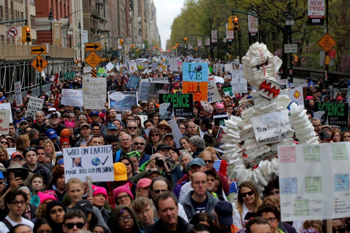 Protesters line Central Park West during the Earth Day ‘March For Science NYC’ demonstration to coincide with similar marches globally in Manhattan, New York, U.S.