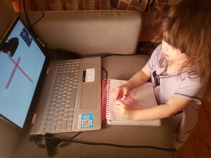 A 2-year-old child with autism on a Zoom lesson with her occupational therapist.