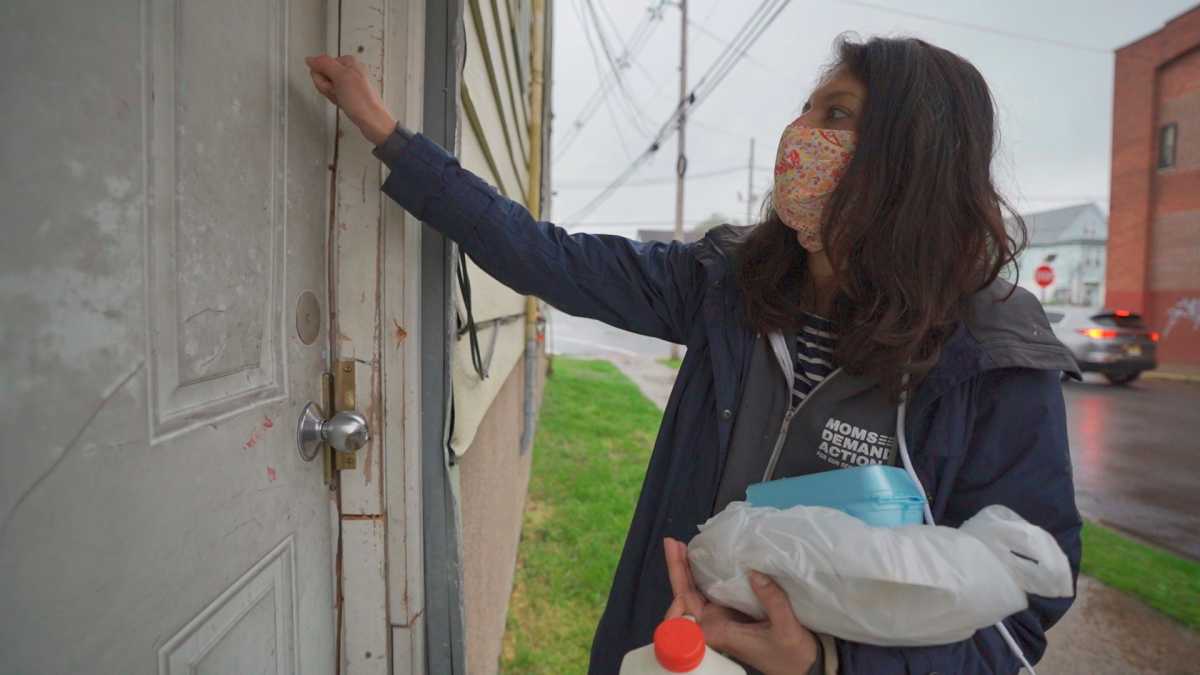 Arati Kreibich, a Democrat running for Congress in New Jersey’s fifth congressional district, drops off hot meals and groceries for seniors amid the coronavirus disease (COVID-19) outbreak in Paterson